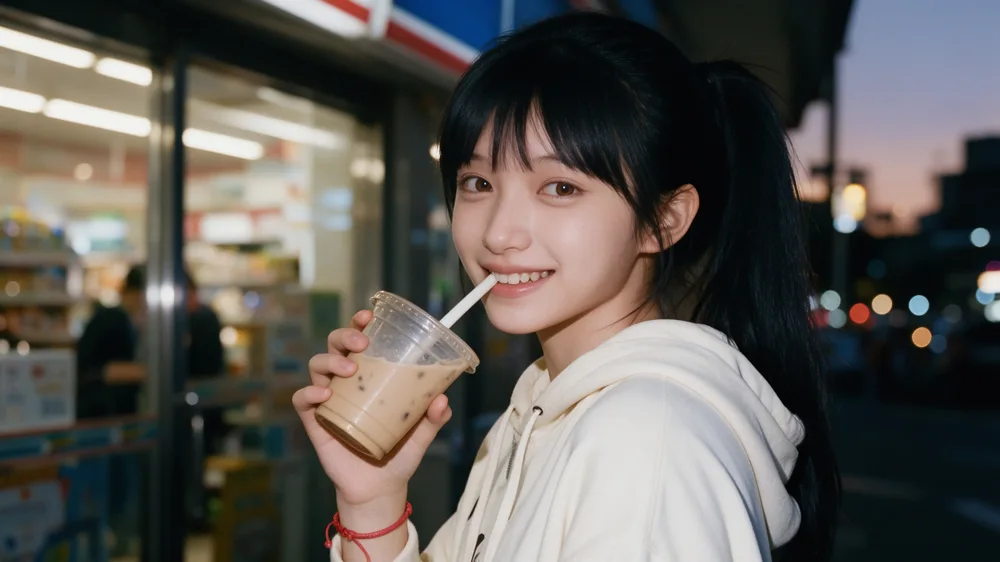 便利店黄昏，吸管咬住